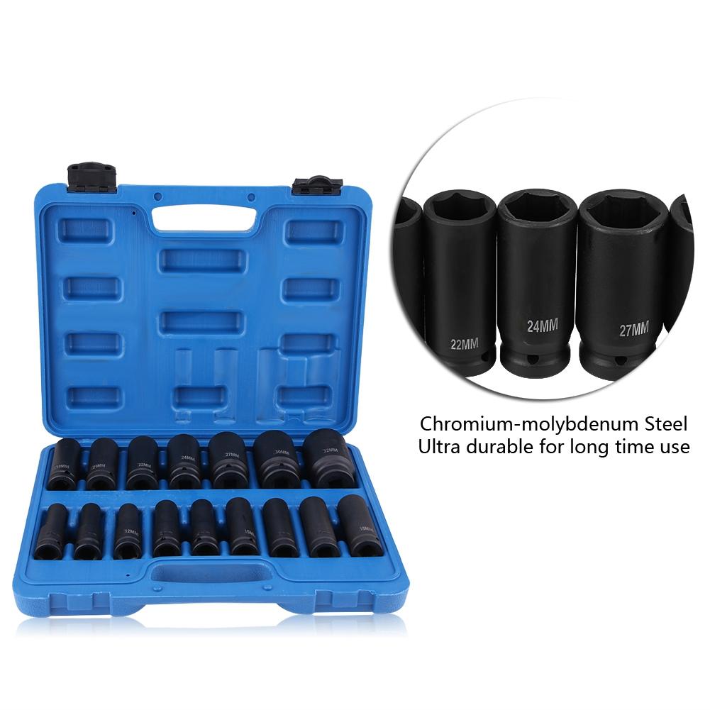 16Pcs 12" Inch Drive Air Hex Bit Socket Set Repair Tool Kit 10MM32MM