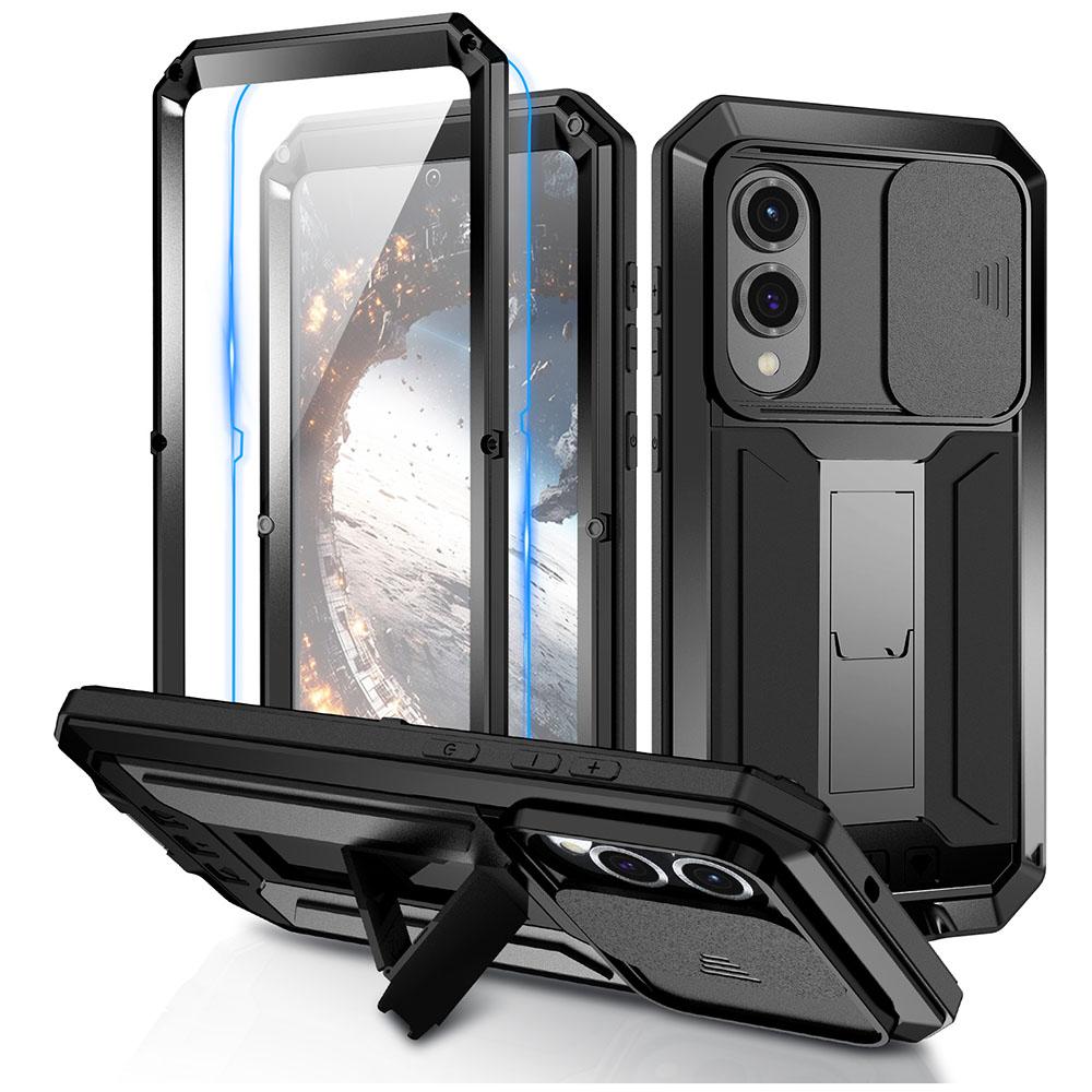 

R-JUST For Samsung Galaxy S25 Edge Case PC+Silicone+Metal Back Cover with Tempered Glass Film Black