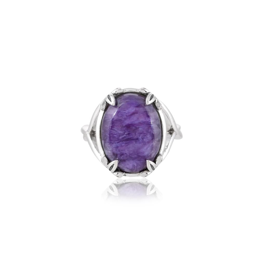 Natural Charoite Ring In 925 Sterling Silver - Statement Purple Gemstone with Elegant Leaf Design - Nature Inspired Jewelry Gift