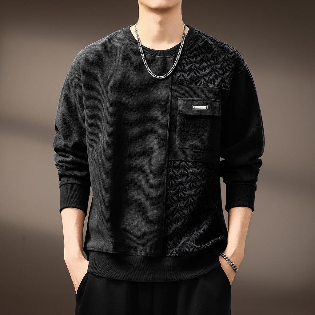 High-End Retro Jacquard Patchwork Raglan Sleeve Men's Sweatshirt - Autumn Heavyweight Trendy Round Neck Casual Top