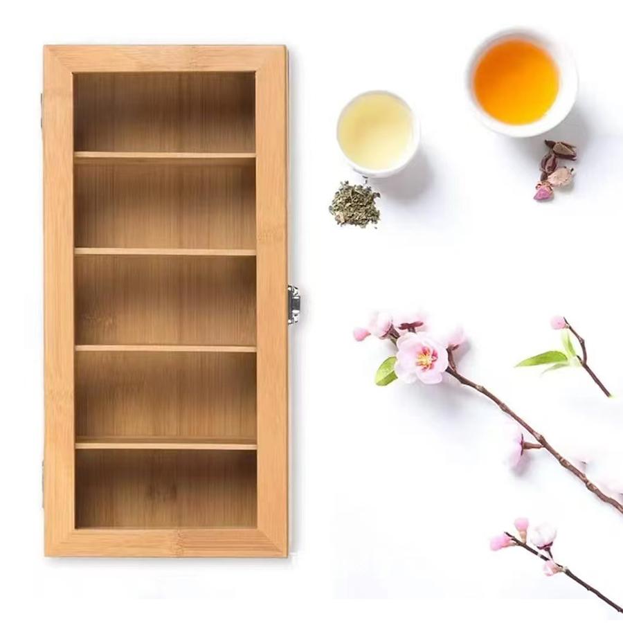 Bamboo Tea bag Storage Box Portable Teabag Holder with 5Compartments Multipurpose Tea Packet Box for Home Office Spices