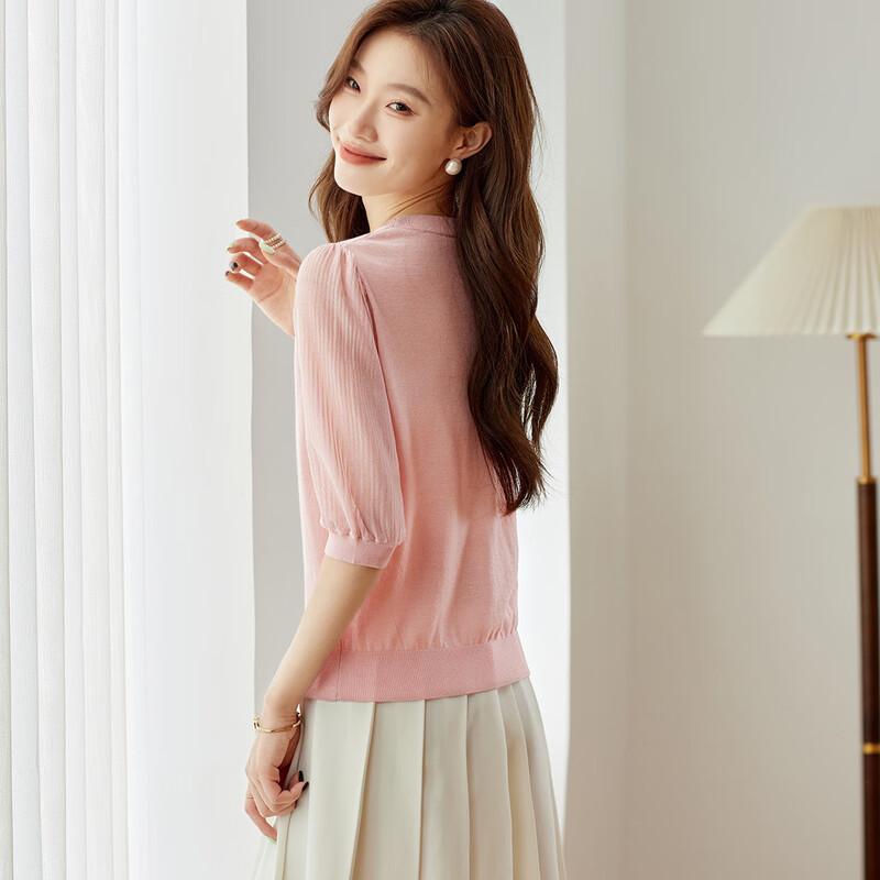 Women's Thin Patchwork Wool Blend Seven-Quarter Sleeve Sweater