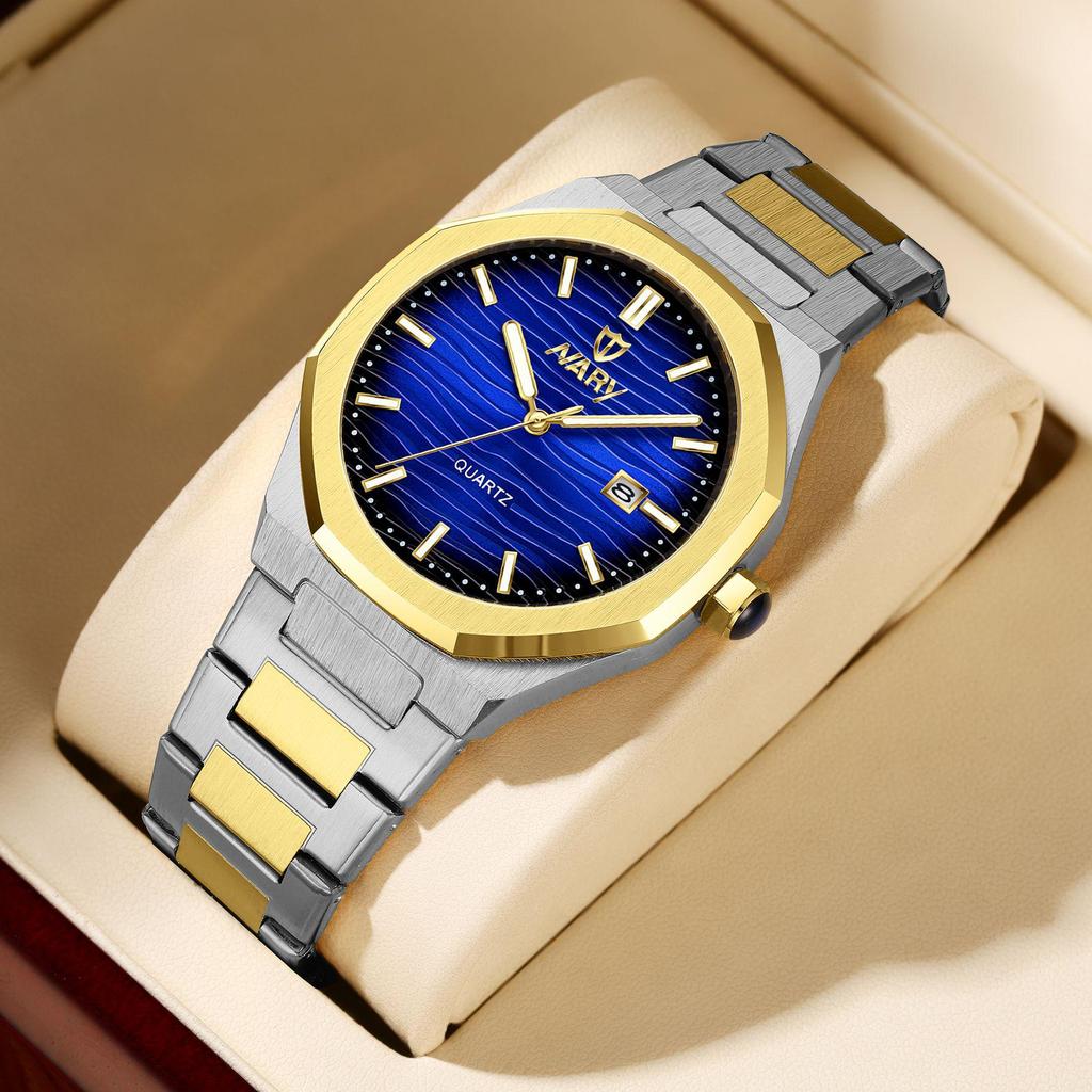 NARY Octagonal Men's Quartz Watch 9034 with Calendar and Steel Band