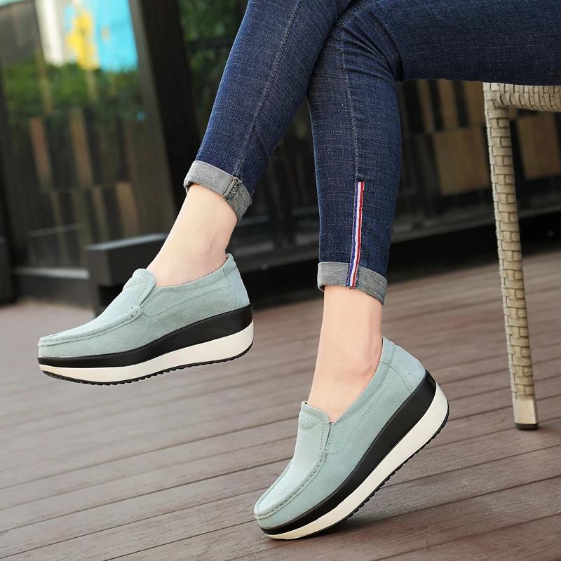 Women Flat Platform Loafers Ladies Elegant Suede Leather Shoes Slip On Women's Blue Casual Shoes