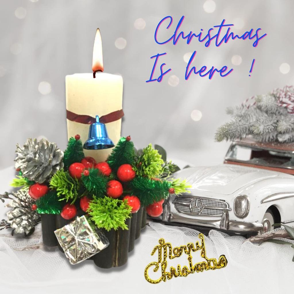 Decorative Candle with Wooden Stand Wax Pillar Design Round Merry Christmas Candles with Decoration Items