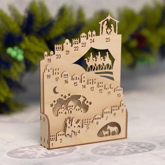 Nativity Advent Calendar Rustic Wooden Christmas Countdown Calendar Light-Up Tabletop Xmas Centerpiece for Cabinet Desk Shelf Mantel Decoration