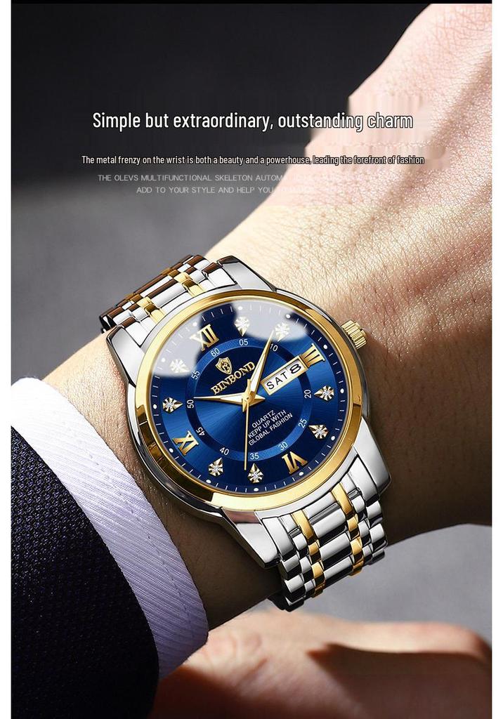 Binbang Men's Waterproof Quartz Watch with Luminous Dial, Rhinestone Accents, Dual Calendar, and Steel Strap.