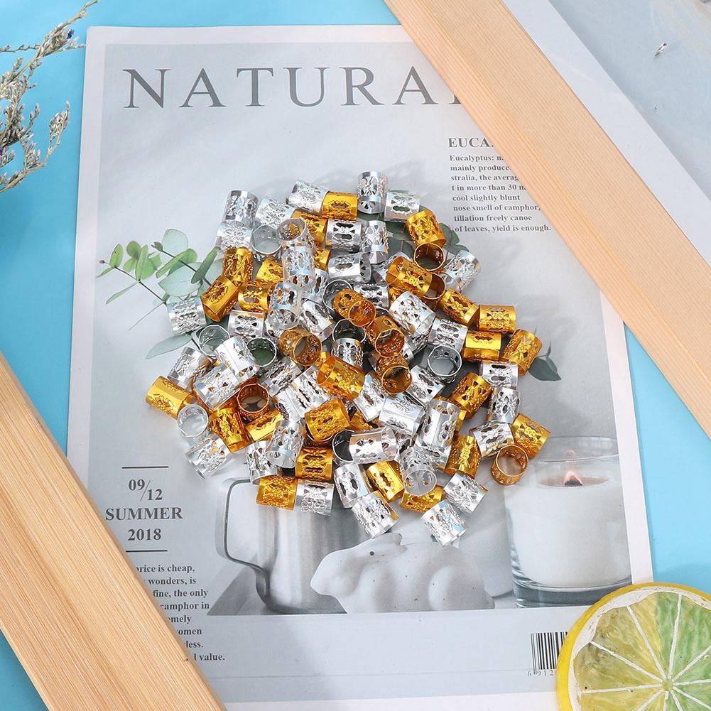 100Pcs Adjustable Dreadlocks Hair Braid Beads Cuffs Hair Decoration Wig Accessories Gold+Silver