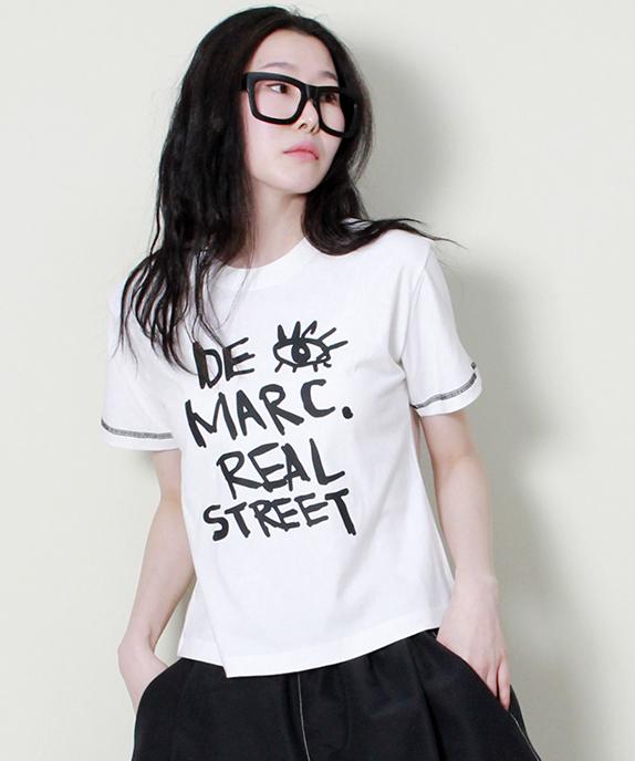 Deumakeu Logo Stitch Contrast Semi-Crop Short Sleeve T-Shirt Ivory