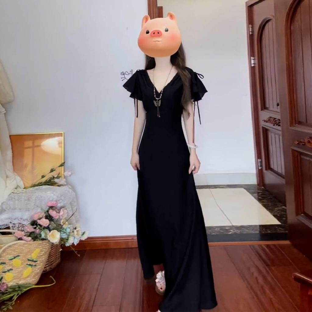 French Hepburn Style Black V-neck Dress Children's Summer 0 New Popular Beautiful Waist Beautiful Long Dress