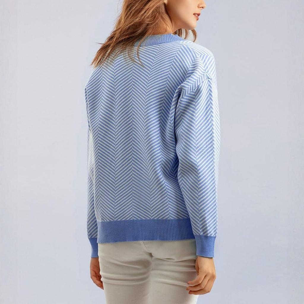 Ladies' Casual Fashion Buckle V-neck Striped Knitted Cardigan Sweater Jacket