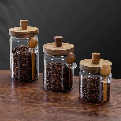 Moisture-proof Coffee Bean Storage Jar With Wood Spoon with Wooden Lid Clear Spice Storage Tank Wide Mouth Design Top Handle