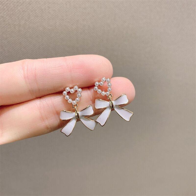 Cute Sweet Mini Beads Heart Enamel Oil Bow Drop Earrings for Women Wedding Party Romantic Elegant Fashion Jewelry Girls Gift