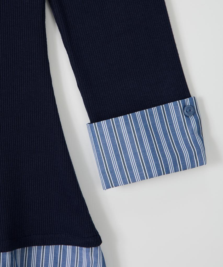 Salon De Yon Striped Shirt Detail Jersey Dress_ Navy