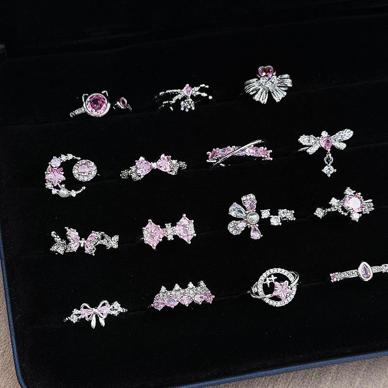 Süßer Mädchenstil Silber-Rosa Diamantenbesetzter Schatz Schleife Stern Krone Offener Ring Nische Stapelring Frau