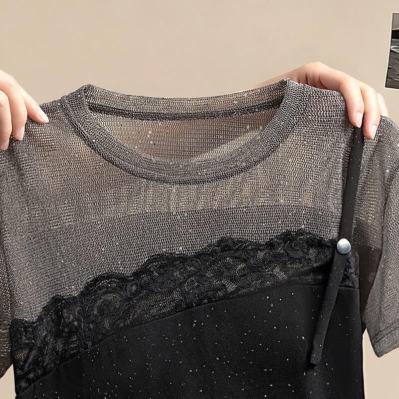 Women's Patchwork Slim-Fit T-Shirt with Rhinestones