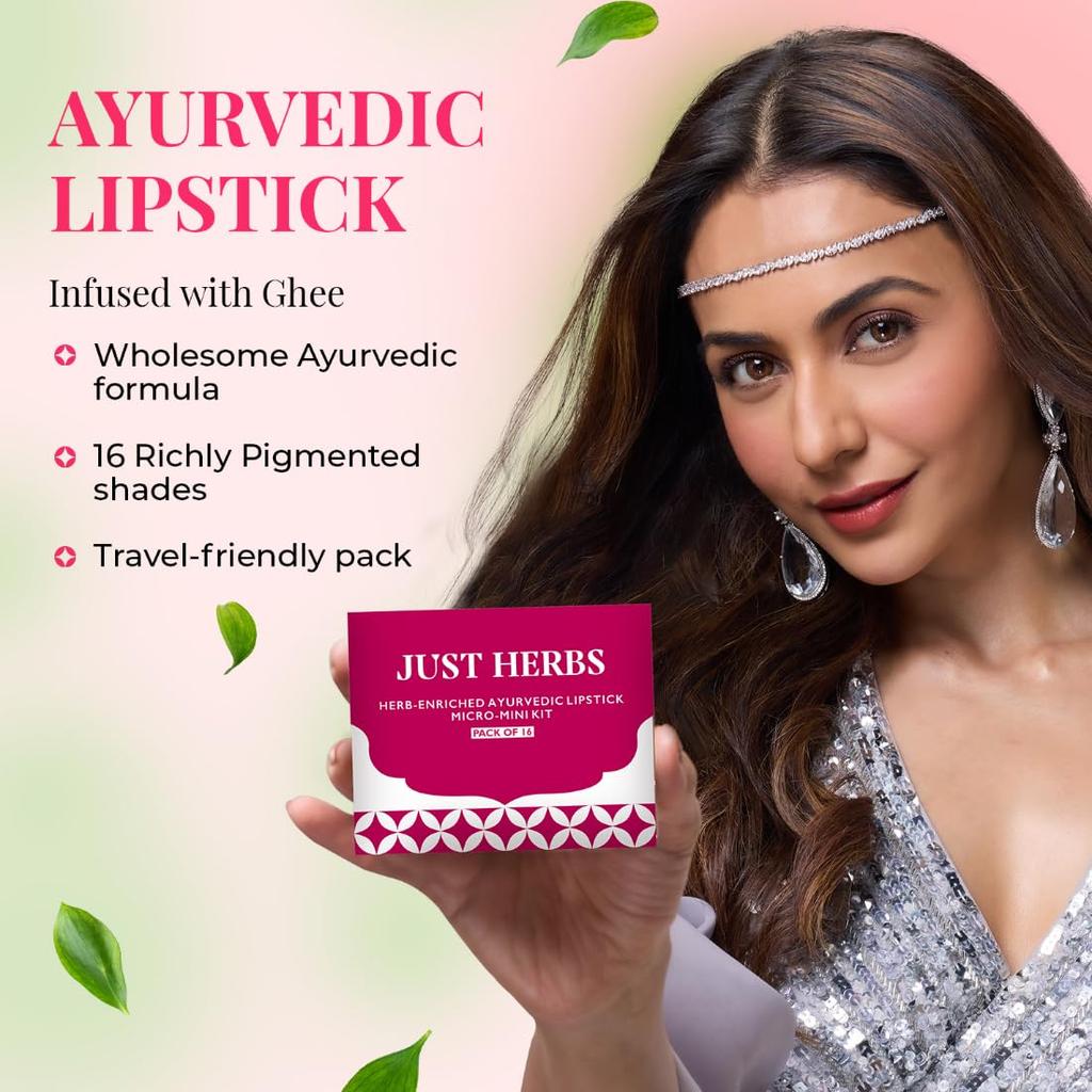 Just Herbs Ayurvedic Lipstick Micro-Mini Kit | Kit of 16 Matte Lipsticks | Long-lasting | Weightless | Ayurvedic Formula | Travel-friendly - 7g