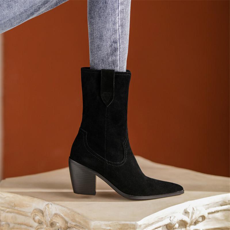 Fashion 2025 New Autumn/winter Women's Boots Pointed Toe Chunky Heel Short Boots Cow Suede Western Boots Shoes for Women High Heels