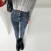 Super high-waisted jeans women's three-button belly nine-point autumn and winter elastic, slim and thin, small feet, pencil pants