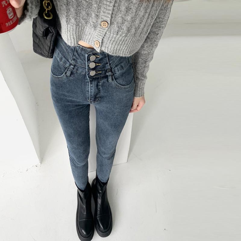 Super high-waisted jeans women's three-button belly nine-point autumn and winter elastic, slim and thin, small feet, pencil pants
