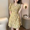 Summer new super fairy Mori waist thin V-neck floral one-piece big pendulum short-sleeved dress women ins