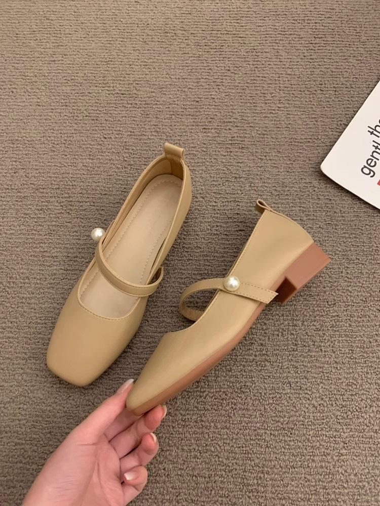 

Mary Jane shoes female shallow mouth square head thick heel grandma shoes with skirt fairy soft sole single shoes small leather shoes 40 хаки