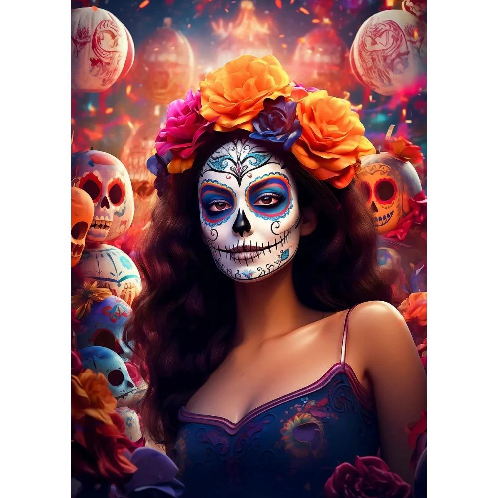 Terrifying Los Muertos Sugarskull Girl with Flowers Posters Day of the Dead Prints Canvas Printing Wall Pictures Home Room Decor
