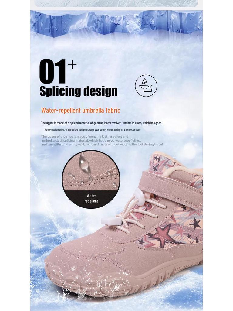 Cross-border Waterproof Non-Slip Winter Barefoot Cotton Shoes for Children: Warm, Velvet-Lined Snow Boots for Boys and Girls (Middle and Big Kids)