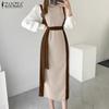 ZANZEA Women Casual Patchwork Long Sleeve Loose Long Dress