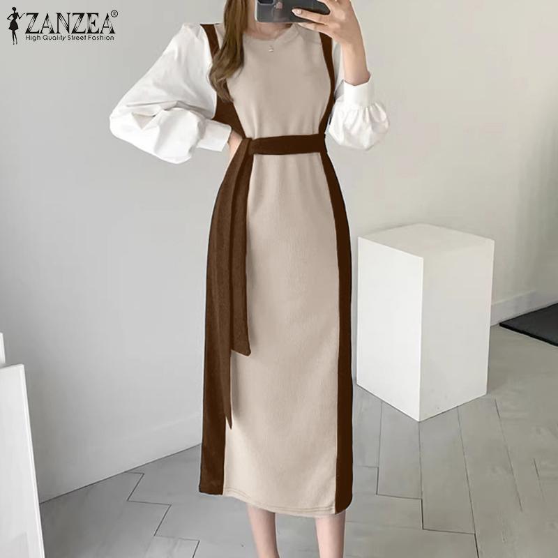 ZANZEA Women Casual Patchwork Long Sleeve Loose Long Dress