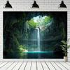 2D Magical Cave Waterfall Tapestry Tropical Cenote Lagoon with Hanging Vines Wall Art