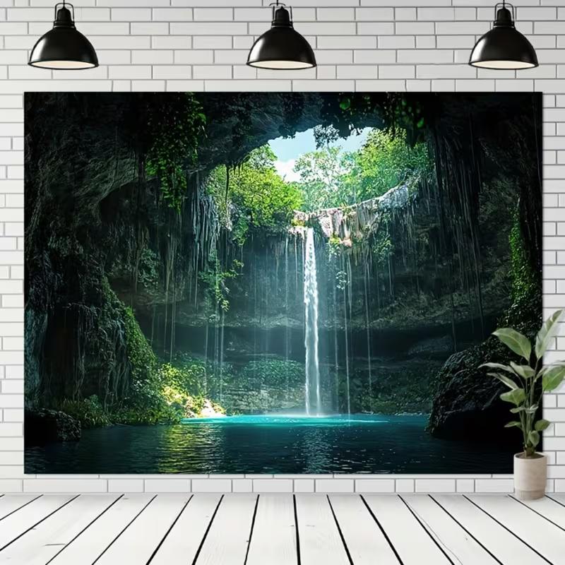 2D Magical Cave Waterfall Tapestry Tropical Cenote Lagoon with Hanging Vines Wall Art