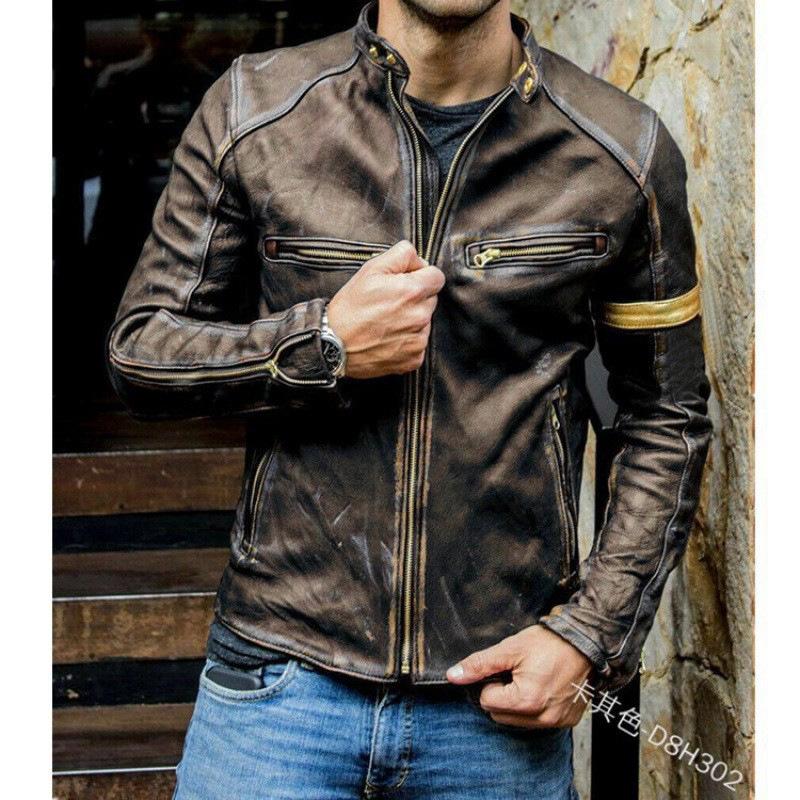Fall Men's Vintage Leather Slim Stand-Up Collar Double Zip Youth Jacket Punk Bike Leather Jacket