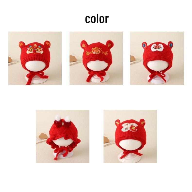 Unisex Baby Red Knitted Wool Hat with Ear Protection - Festive National Tide Style, Warm for Winter & New Year