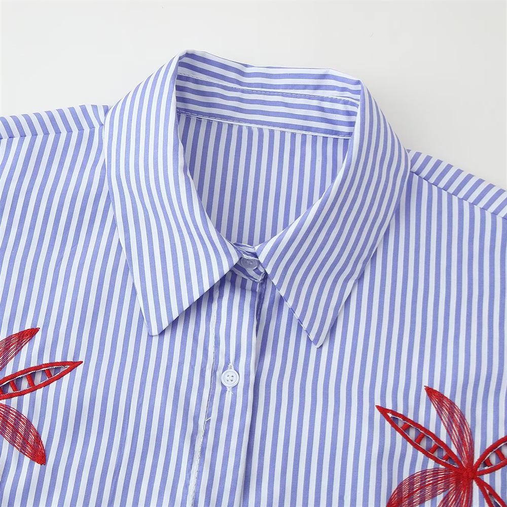 Spring/Summer 2025 Women's Fashion: Versatile Striped Shirt with Hollow Embroidery Design