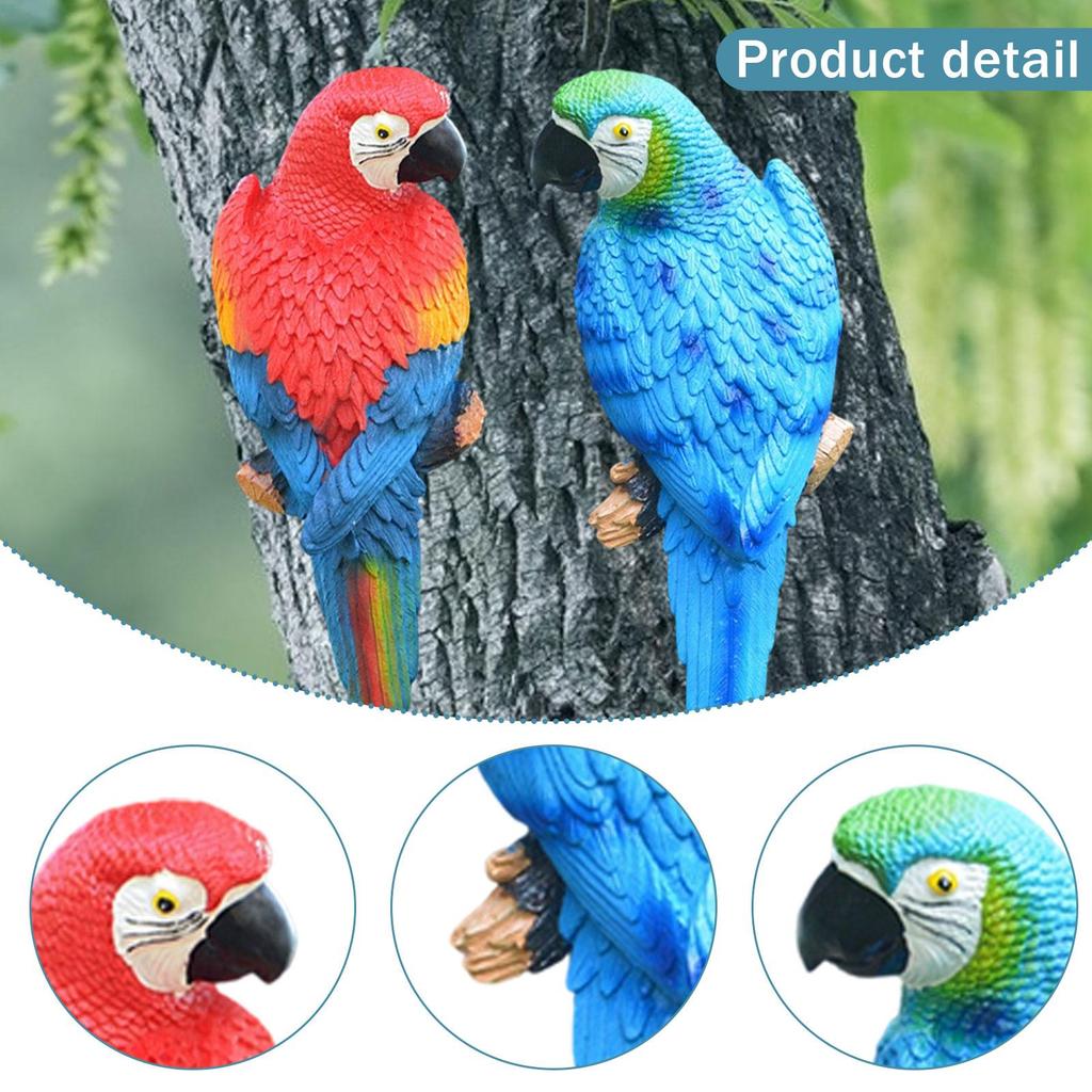 2x Parrot Figurines Tree Decor Decorative Art Crafts Garden Statues Tree Ornaments for Patio Balcony Backyard Porch Outdoor