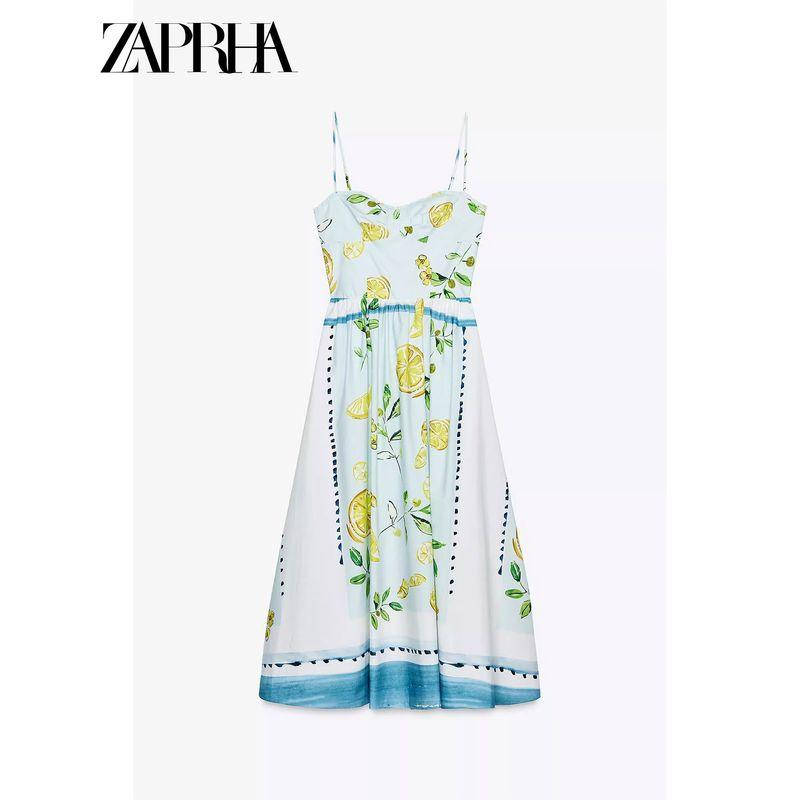 Zaprha 2025 New Arrival Casual Summer Lemon Printing Cotton Poplin Waist Trimming Spaghetti Straps Dress 3454347
