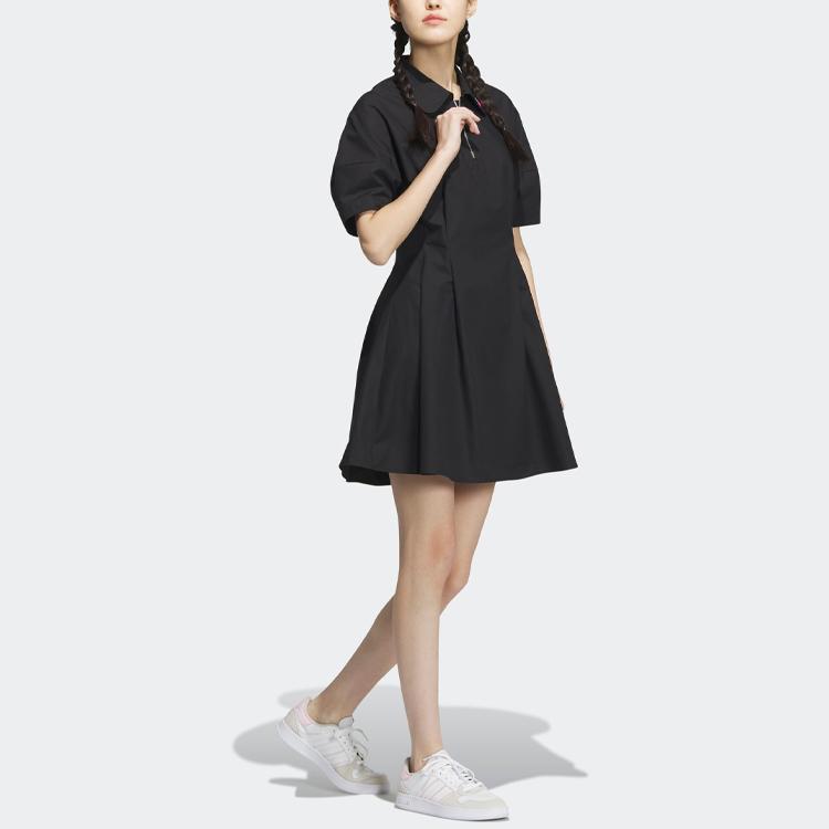 Lotso Bear Co-Branded Collection Pure Color Sporty Polo Collar Pullover Short Sleeve Dress Women Dress Black IP4022