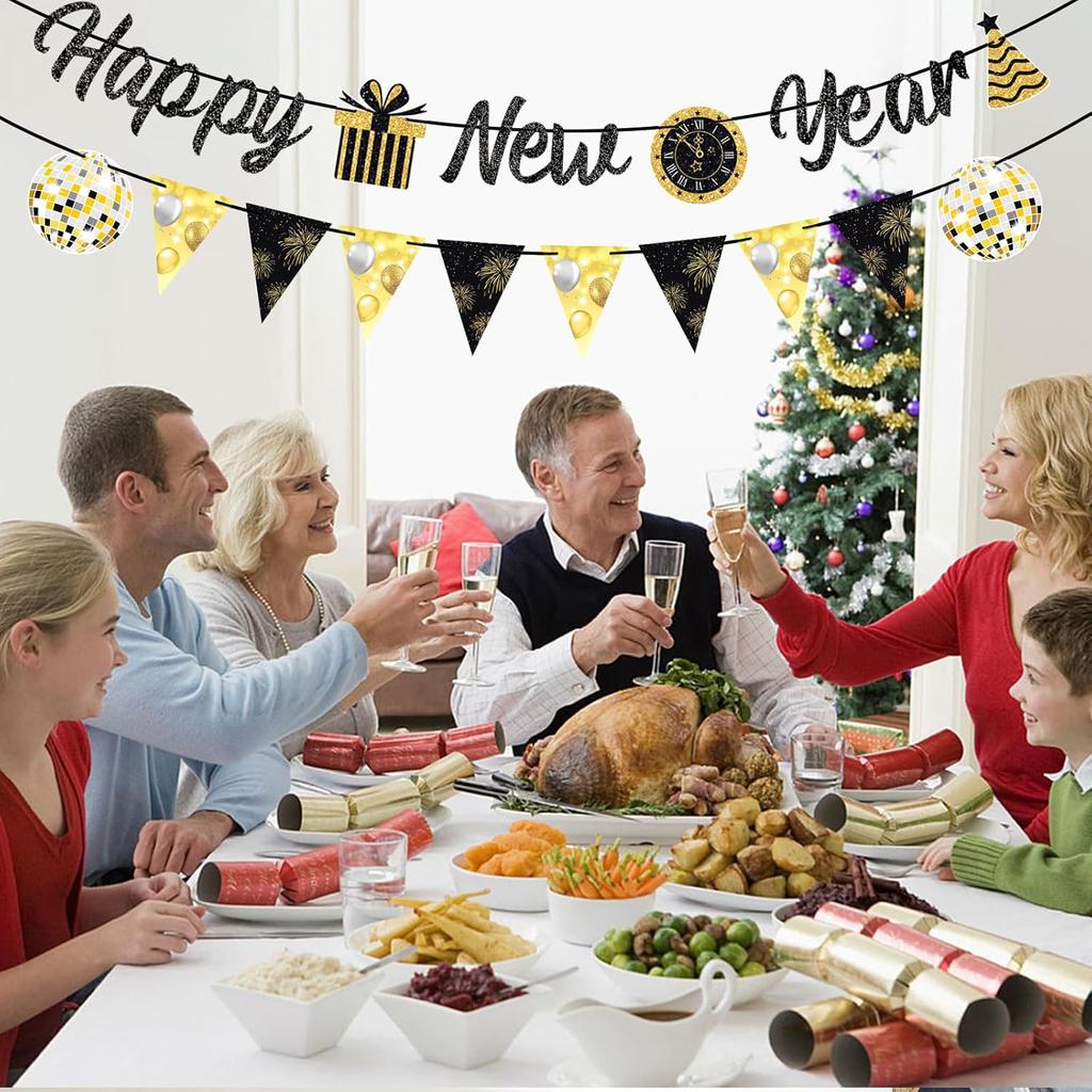 Happy New Year 2026 Banner Black Glitte Pre-Assembled New Years Eve Sign Garland Banner for 2026 NYE Party Supplies Decorations Holiday Home Hanging