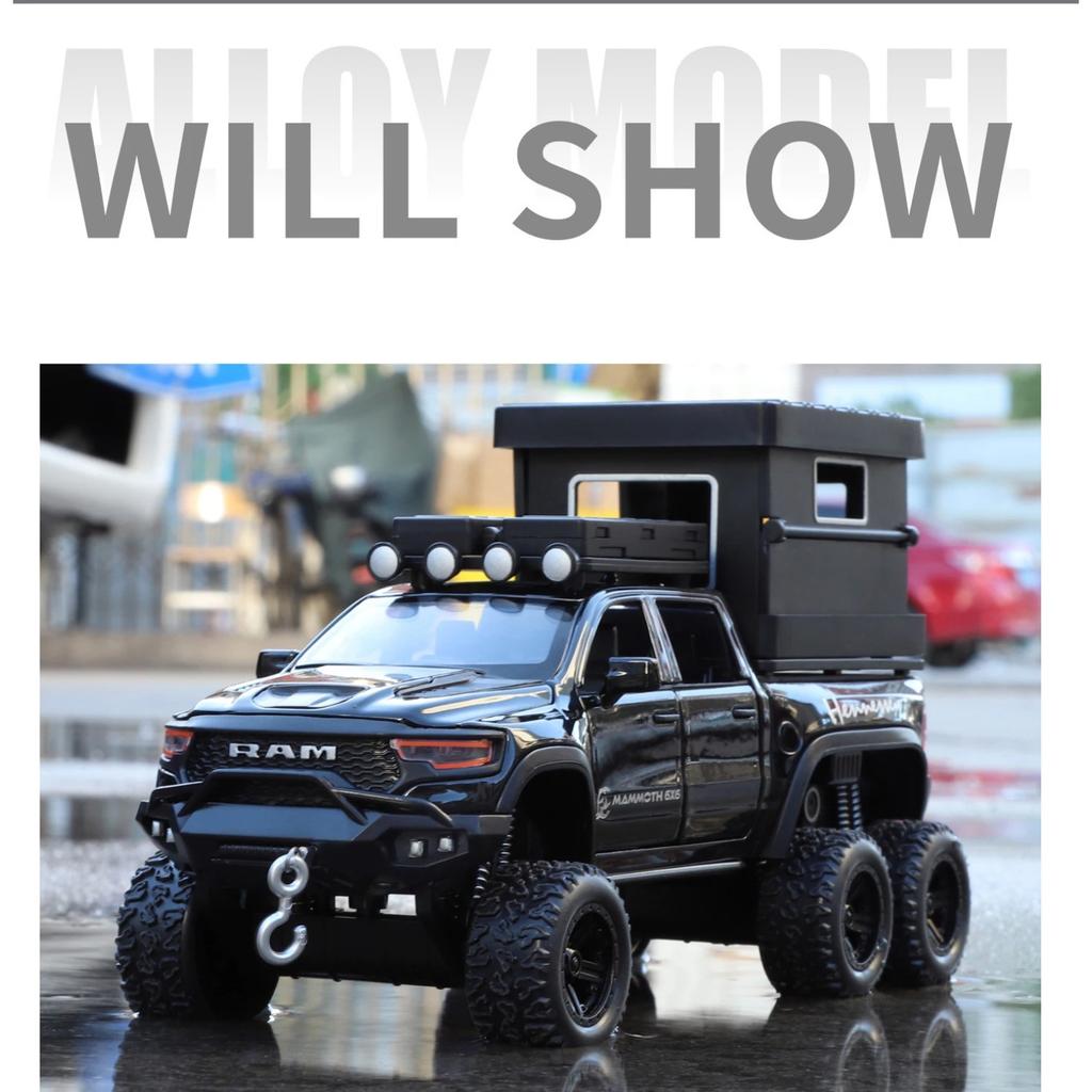 1/32 DODGE Tyrannosaurus RAM Alloy Pickup Camper Van Car Model Diecasts Metal Off-road Vehicles Car Model Sound Light Kids Gifts