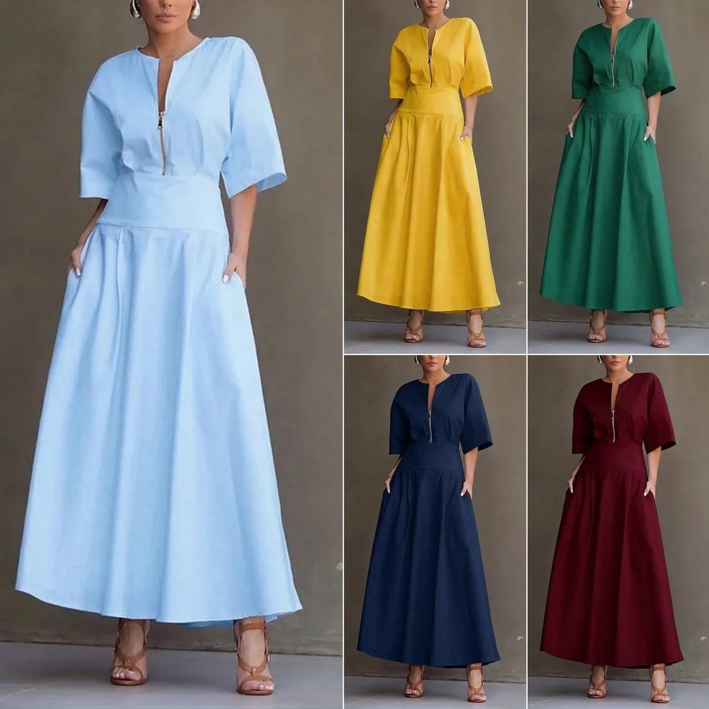 Women's Solid Color Short Sleeve Maxi Swing Dress Casual Fashion Summer Dress for Women