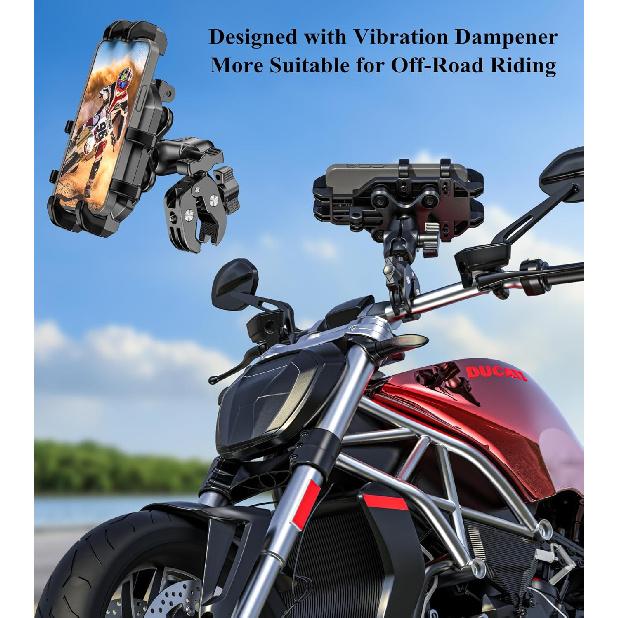 BRCOVAN Motorcycle Phone Mount Holder With Vibration Dampener, Anti-Shake Cellphone Clamp Fit Handlebars 0.5'' To 1.5'' In Diameter For Bike Bicycle