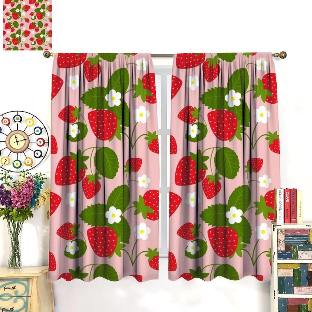 Fruit Window Curtains,Pink Cute Strawberry Green Leaves Flower Retro Art Print Window Drapes for Kids Girls Bedroom Living Room