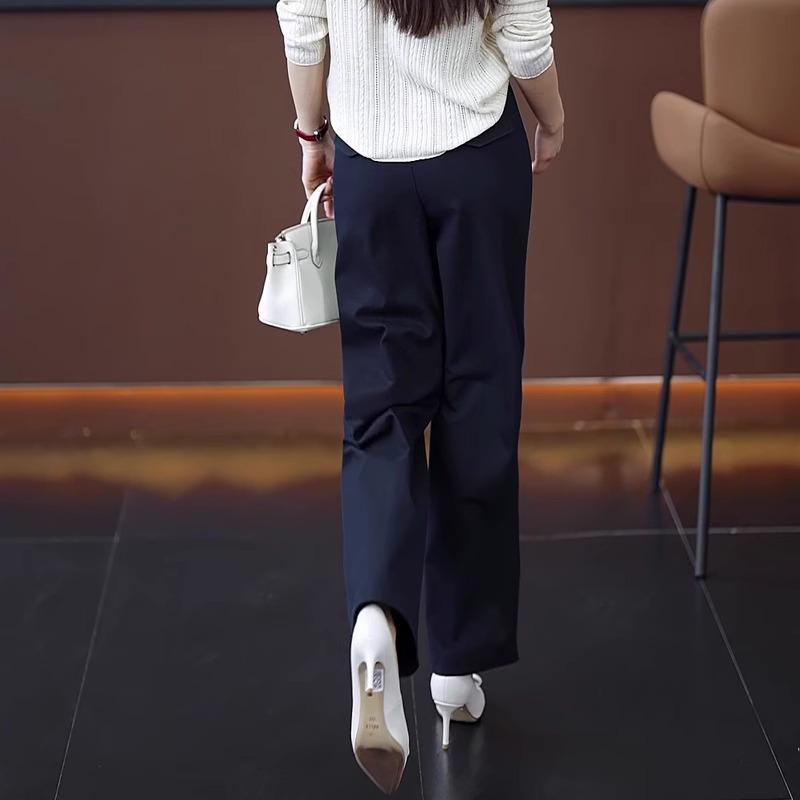 Women's Fashion Navy Blue Wide-Leg Pants - Slimming, Draping Style for Spring/Summer 2025