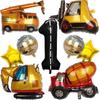9-Piece Set Yellow Construction Truck Crane Forklift Excavator Aluminum Film Toy Balloon Children'S Birthday Line Digital Set
