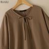 ZANZEA Vintage Womens V Neck Tie Front Blouse with 3/4 Puff Sleeve Casual Loose Tunic Tops