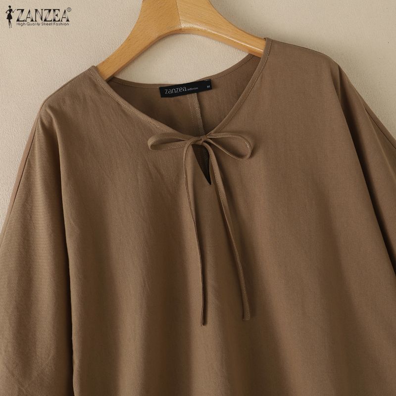 ZANZEA Vintage Womens V Neck Tie Front Blouse with 3/4 Puff Sleeve Casual Loose Tunic Tops