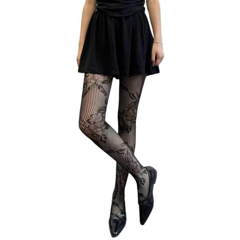 Korean Elegant Mesh Net Tights Hollowed Out Flower Pattern Stretch Full Length Stockings Fishnet Pantyhose for Women