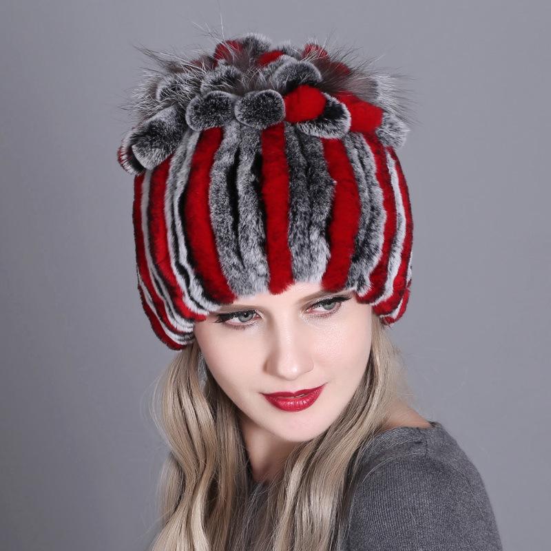 Colorful Rex Rabbit Fur Knitted Women's Warm Winter Hat