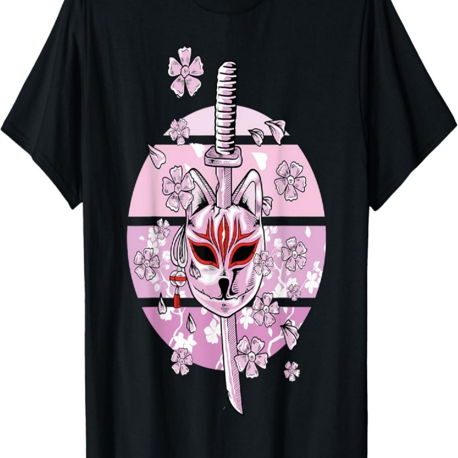 Kitsune Mask Nine Tailed Fox Cherry Blossom Flowers T-Shirt S чёрный